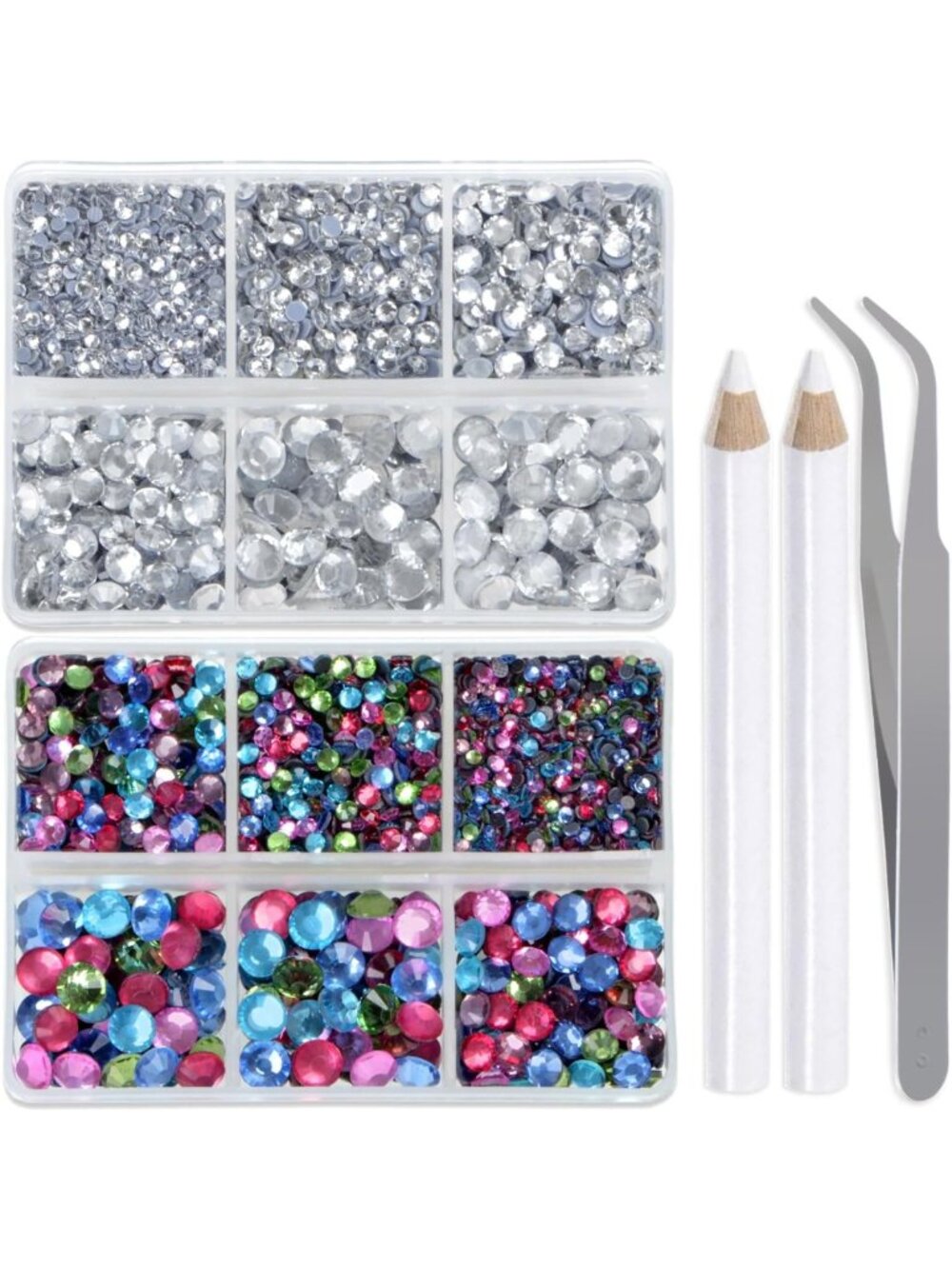 6400 Mixed Color Hotfix Rhinestones - Flat Back Crystal Gems with Tweezers